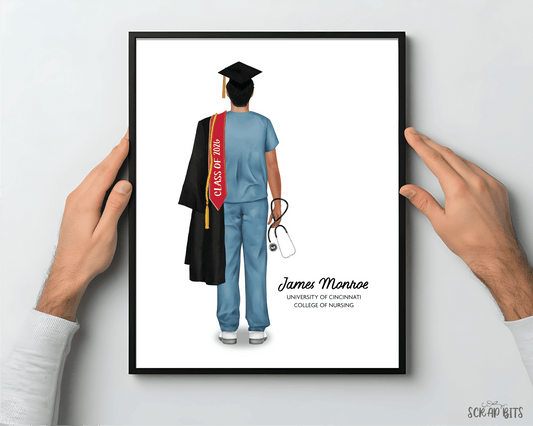 Nurse (Male) Graduation Portrait Print, Custom Digital Drawing - Scrap Bits