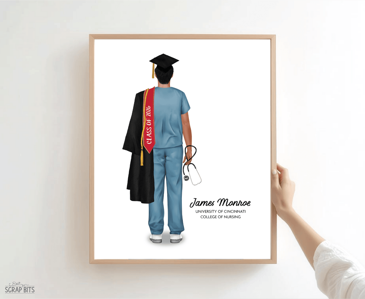 Nurse (Male) Graduation Portrait Print, Custom Digital Drawing - Scrap Bits
