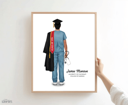 Nurse (Male) Graduation Portrait Print, Custom Digital Drawing - Scrap Bits