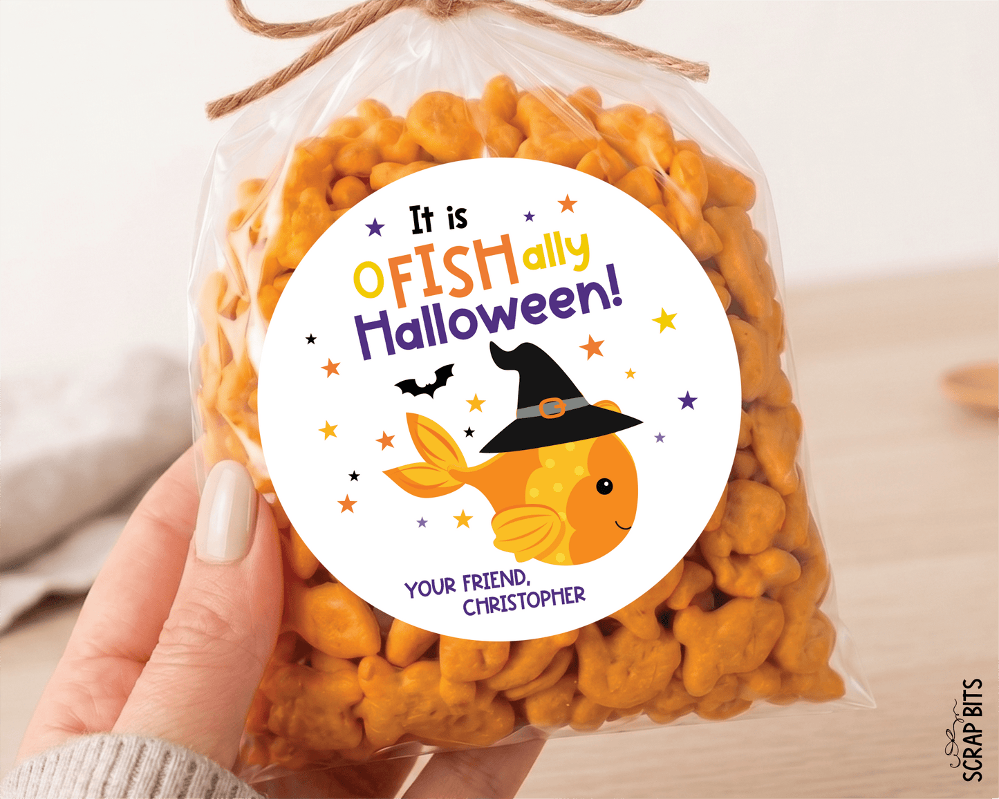 O-Fish-Ally Halloween Gift Stickers or Tags, Goldfish Treat Bag Labels - Scrap Bits