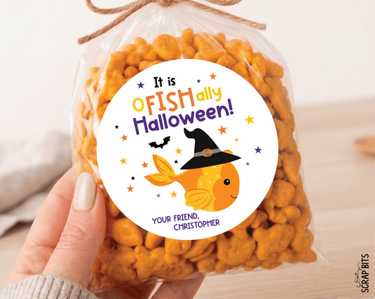 O-Fish-Ally Halloween Gift Stickers or Tags, Goldfish Treat Bag Labels - Scrap Bits