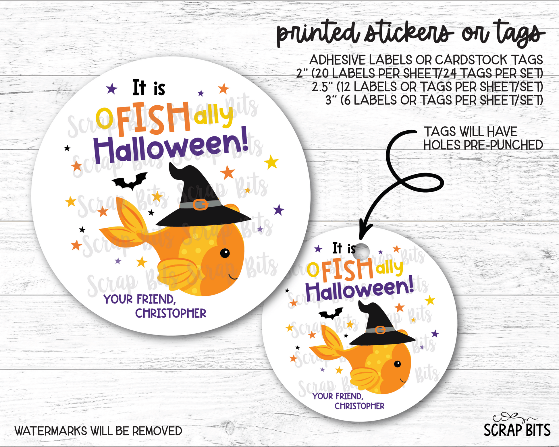 O-Fish-Ally Halloween Gift Stickers or Tags, Goldfish Treat Bag Labels - Scrap Bits