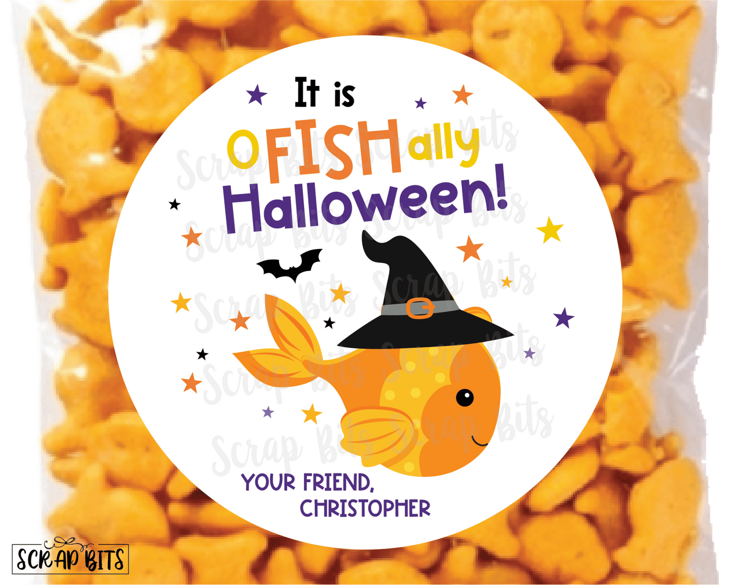 O-Fish-Ally Halloween Gift Stickers or Tags, Goldfish Treat Bag Labels - Scrap Bits