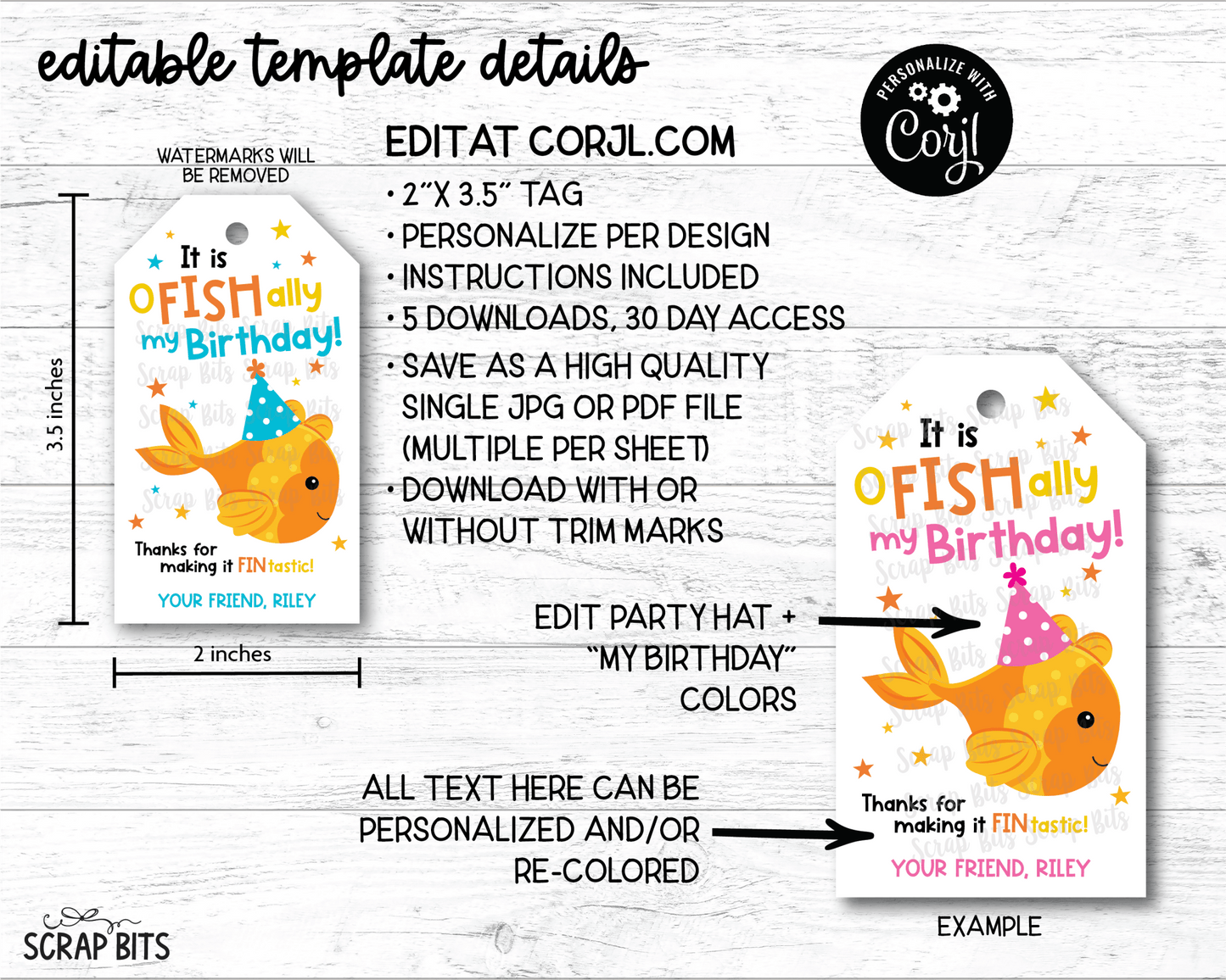 O-Fish-Ally My Birthday, Printable Goldfish Favor Tags, Personalized Editable Template - Scrap Bits