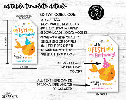 O-Fish-Ally My Birthday, Printable Goldfish Favor Tags, Personalized Editable Template - Scrap Bits