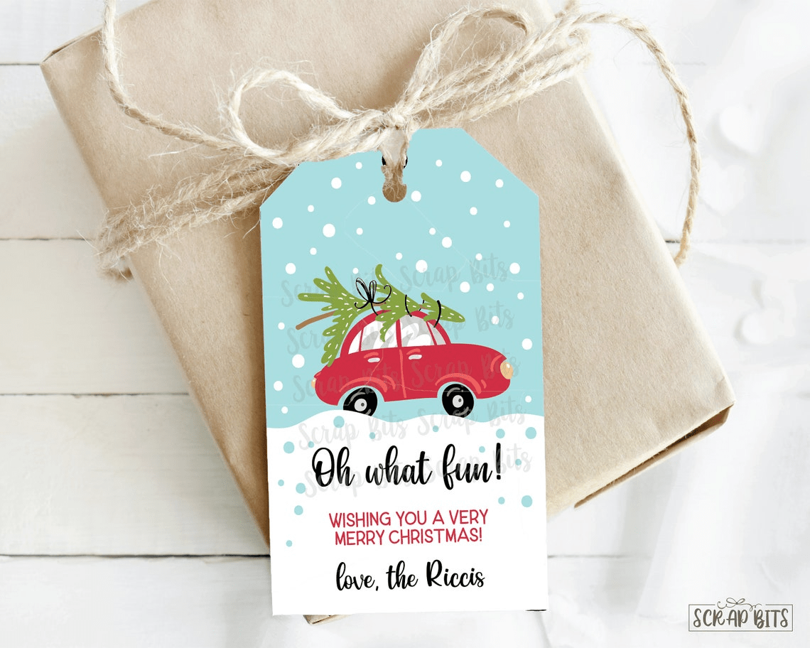 Oh What Fun Red Car & Tree Christmas Gift Tags, Personalized - Scrap Bits