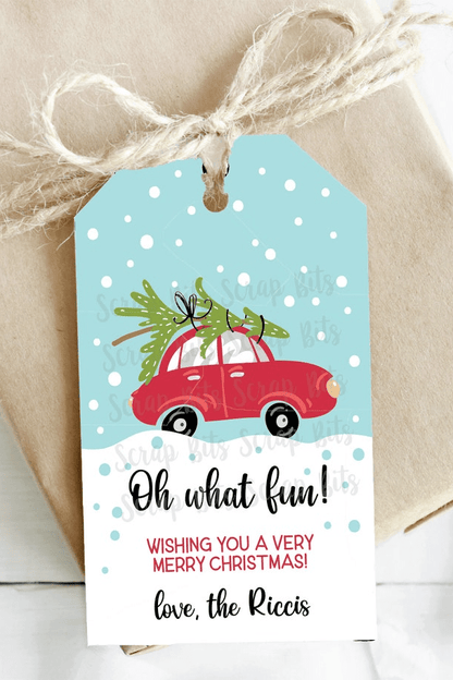 Oh What Fun Red Car & Tree Christmas Gift Tags, Personalized - Scrap Bits
