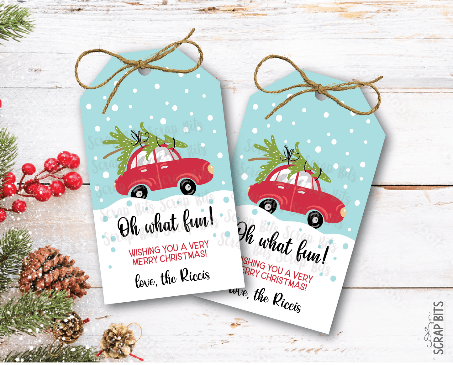 Oh What Fun Red Car & Tree, Personalized Christmas Gift Tags - Scrap Bits