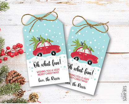 Oh What Fun Red Car & Tree, Personalized Christmas Gift Tags - Scrap Bits