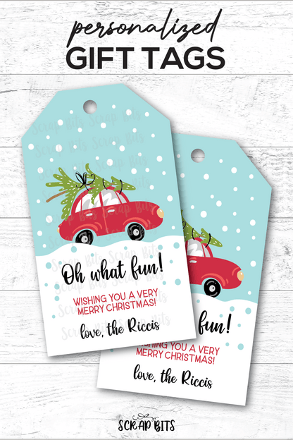 Oh What Fun Red Car & Tree, Personalized Christmas Gift Tags - Scrap Bits