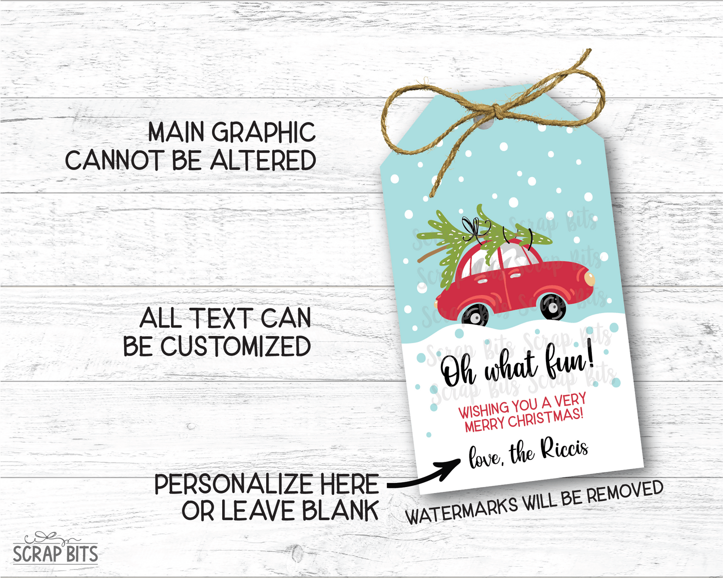 Oh What Fun Red Car & Tree, Personalized Christmas Gift Tags - Scrap Bits