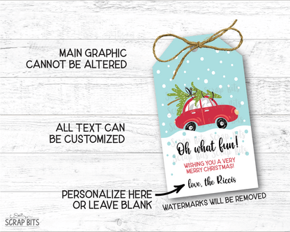 Oh What Fun Red Car & Tree, Personalized Christmas Gift Tags - Scrap Bits