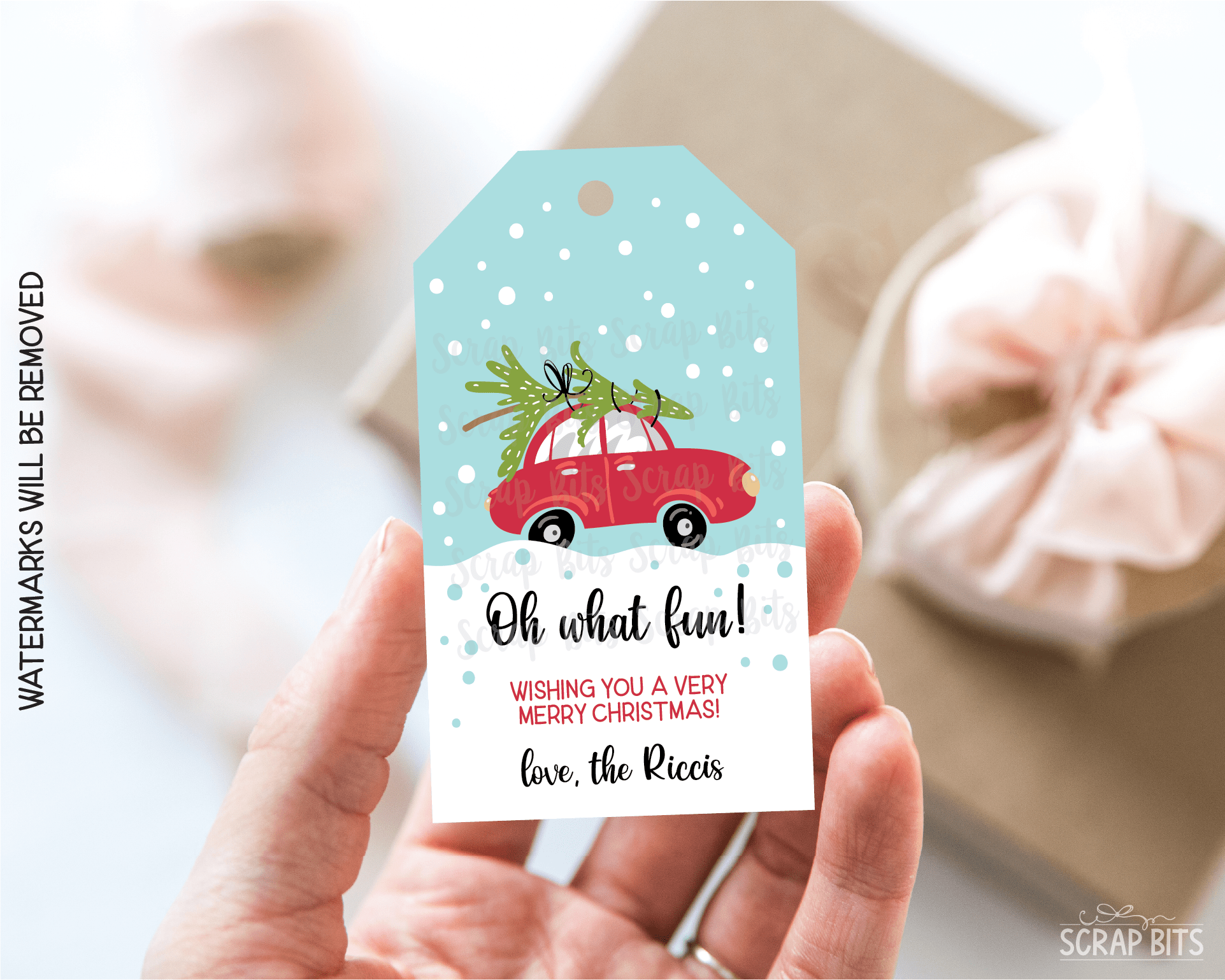 Oh What Fun Red Car & Tree, Personalized Christmas Gift Tags - Scrap Bits