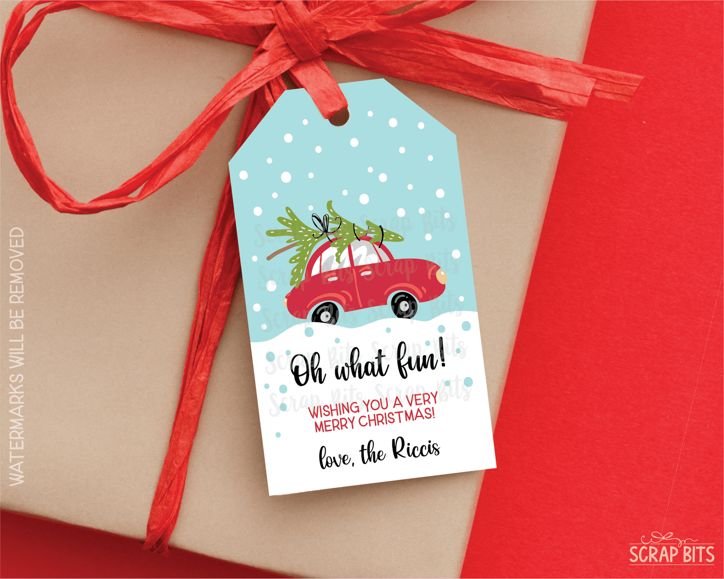 Oh What Fun Red Car & Tree, Personalized Christmas Gift Tags - Scrap Bits