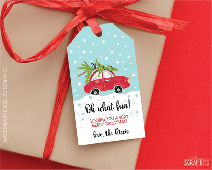 Oh What Fun Red Car & Tree, Personalized Christmas Gift Tags - Scrap Bits
