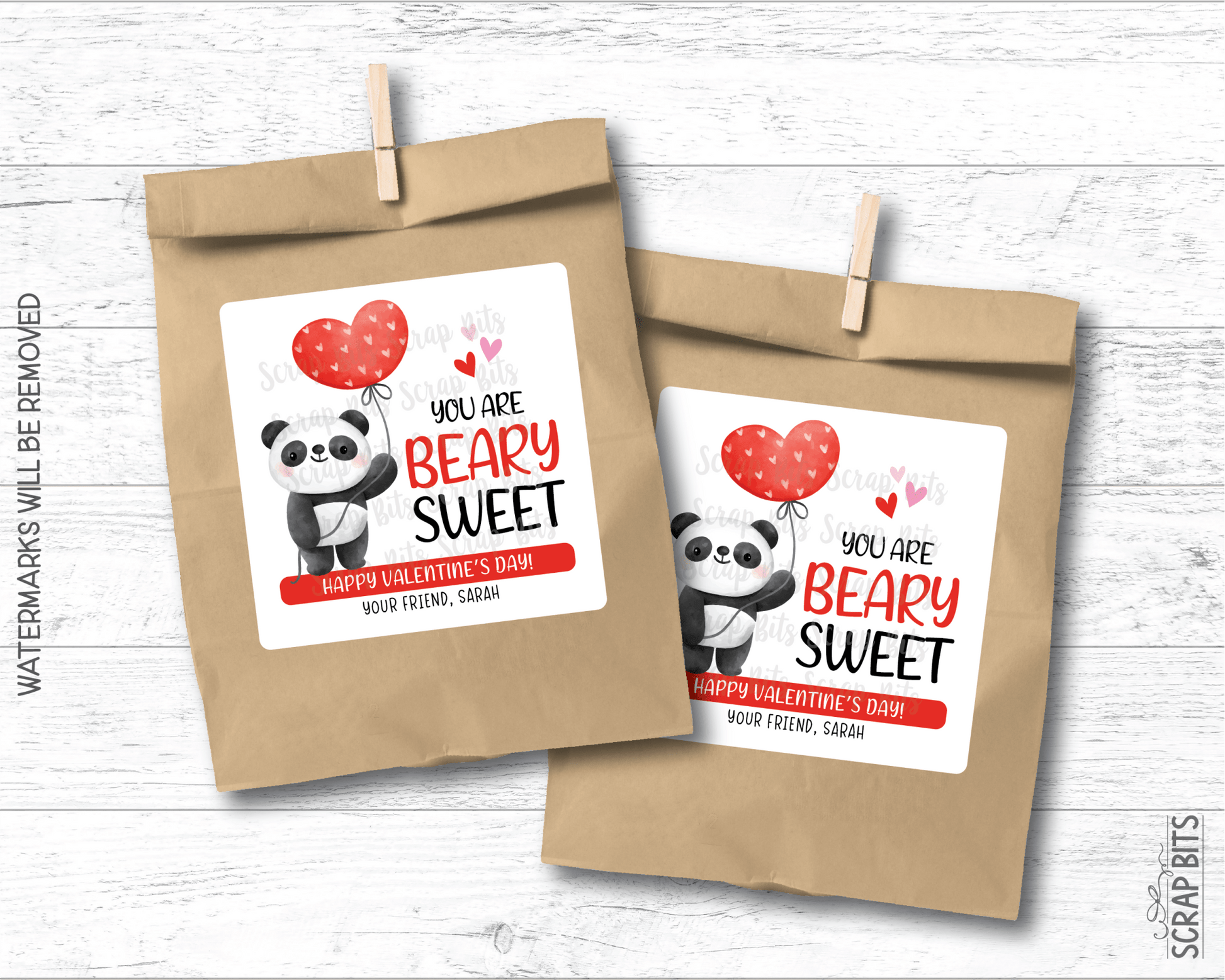 Panda Valentines, Beary Sweet, Valentine Treat Bag Stickers - Scrap Bits