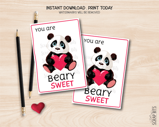Panda Valentines, You Are Beary Sweet Valentine, Printable Classroom Exchange Cards, Instant Download - Scrap Bits