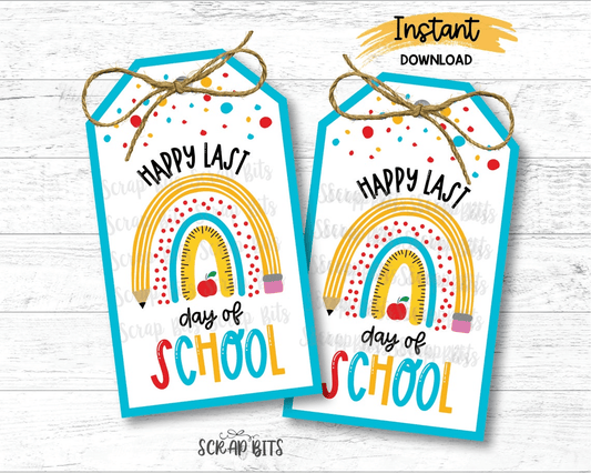 Pencil Rainbow Happy Last Day of School Tags, Printable Instant Download - Scrap Bits