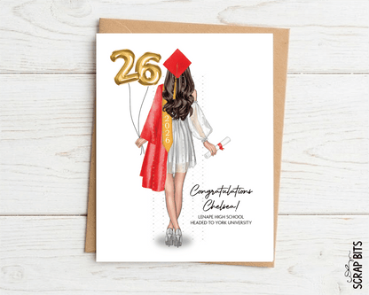 Personalized Graduation Card, Female Gold Foil Balloons, Congratulations Portrait Card - Scrap Bits