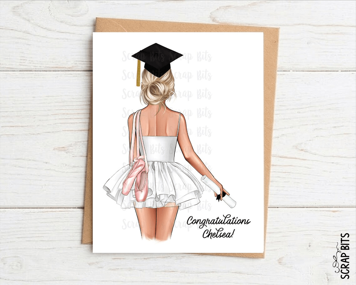 Personalized Graduation Portrait Card, Ballerina Tutu Congratulations, Single or Set of 10 - Scrap Bits