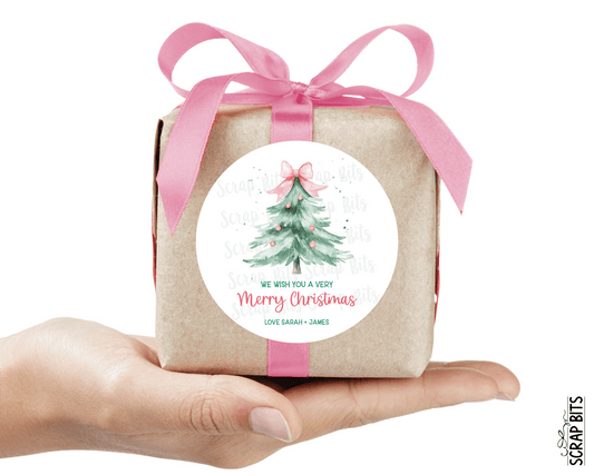 Pink Bow Christmas Tree, Personalized Christmas Gift Stickers or Tags - Scrap Bits