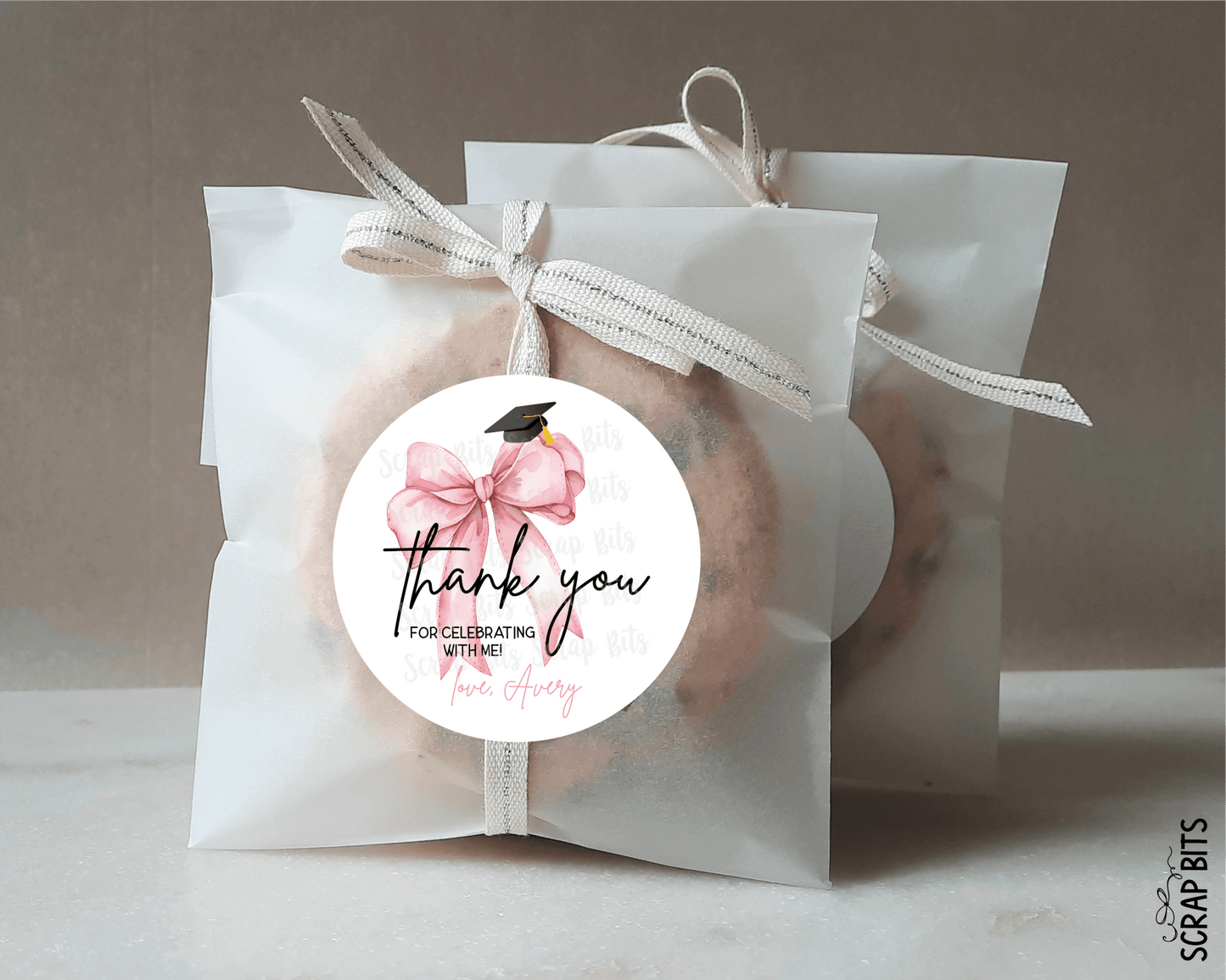Pink Bow Grad Cap, Personalized Graduation Favor Labels - Scrap Bits