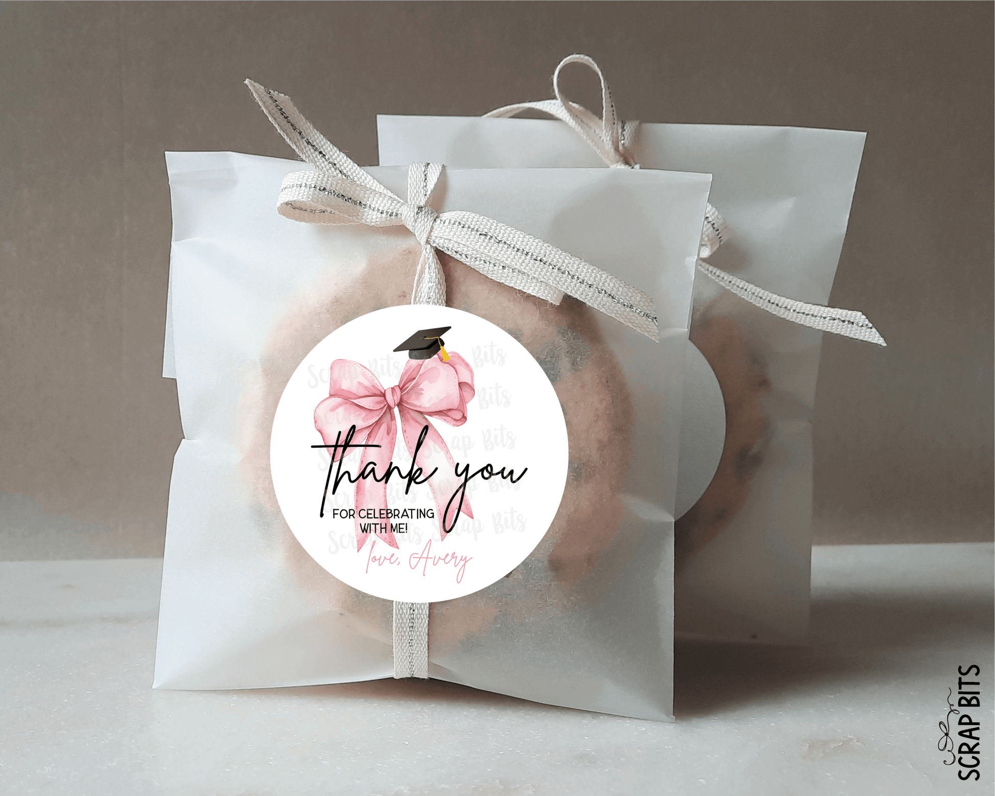 Pink Bow Grad Cap, Personalized Graduation Favor Labels - Scrap Bits