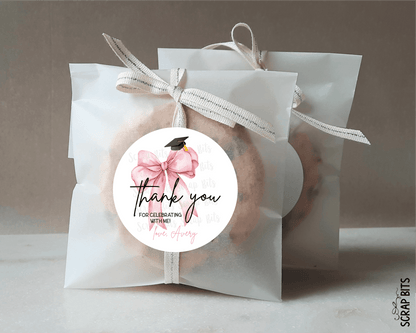 Pink Bow Grad Cap, Personalized Graduation Favor Labels - Scrap Bits