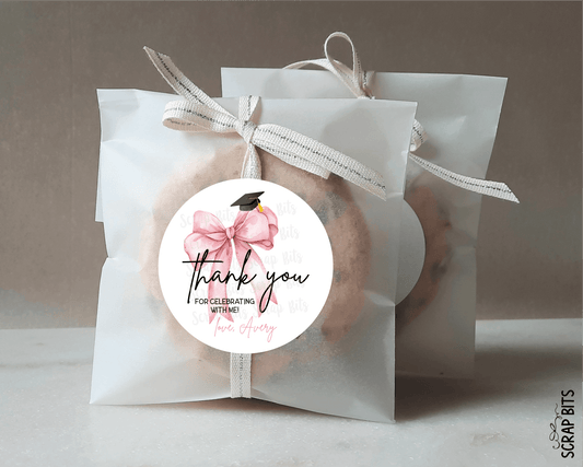Pink Bow Grad Cap, Personalized Graduation Favor Labels - Scrap Bits