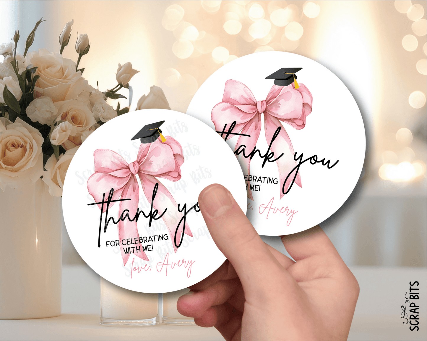 Pink Bow Grad Cap, Personalized Graduation Favor Labels - Scrap Bits