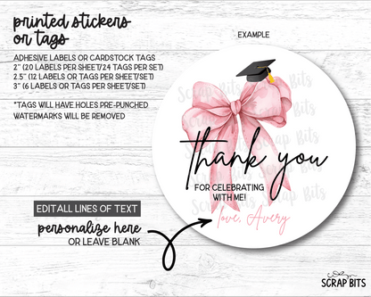 Pink Bow Grad Cap, Personalized Graduation Favor Labels - Scrap Bits