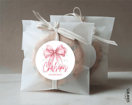 Pink Bow Name Birthday Favor Labels, Sweet 16 Personalized Stickers or Tags - Scrap Bits