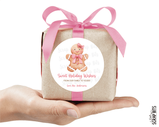 Pink Gingerbread Cookie, Personalized Christmas Gift Stickers or Tags - Scrap Bits