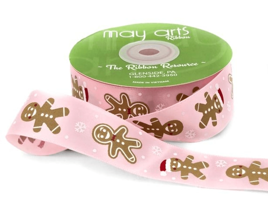 Pink Gingerbread Man Christmas Print Satin Ribbon. 5 yards (15 feet) . 1" inch - Scrap Bits