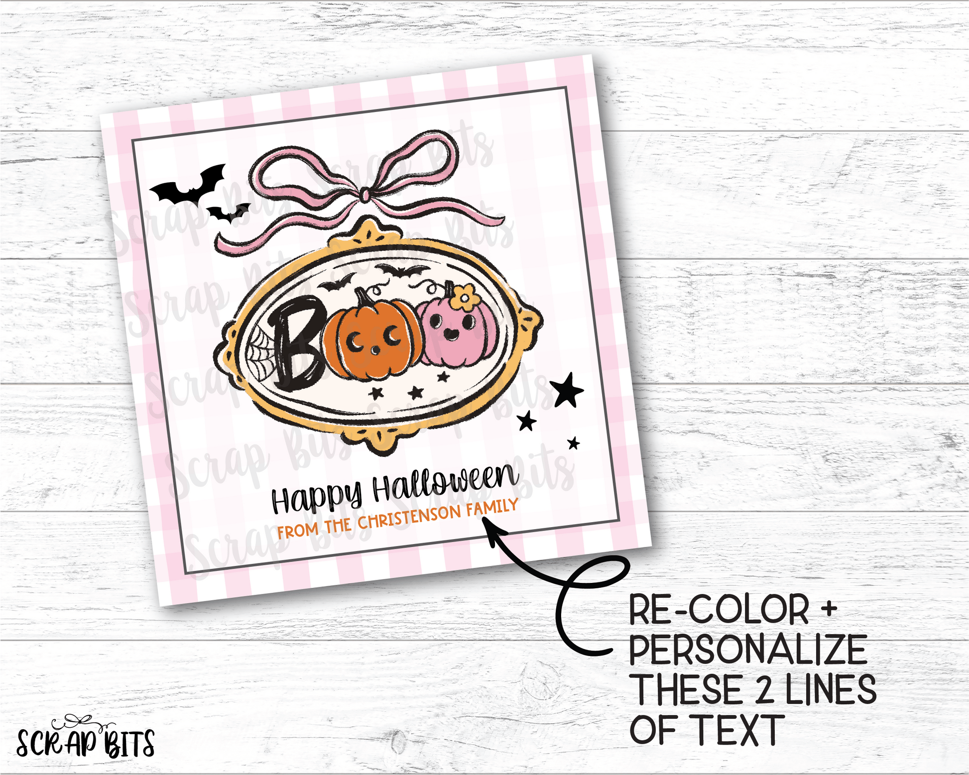 Pink Gingham Coquette Boo Frame, Printable Halloween Tags, Instant Download Editable Template - Scrap Bits