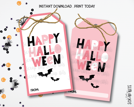 Pink Happy Halloween Treat Bag Tags, Blocky Type, Instant Download - Scrap Bits