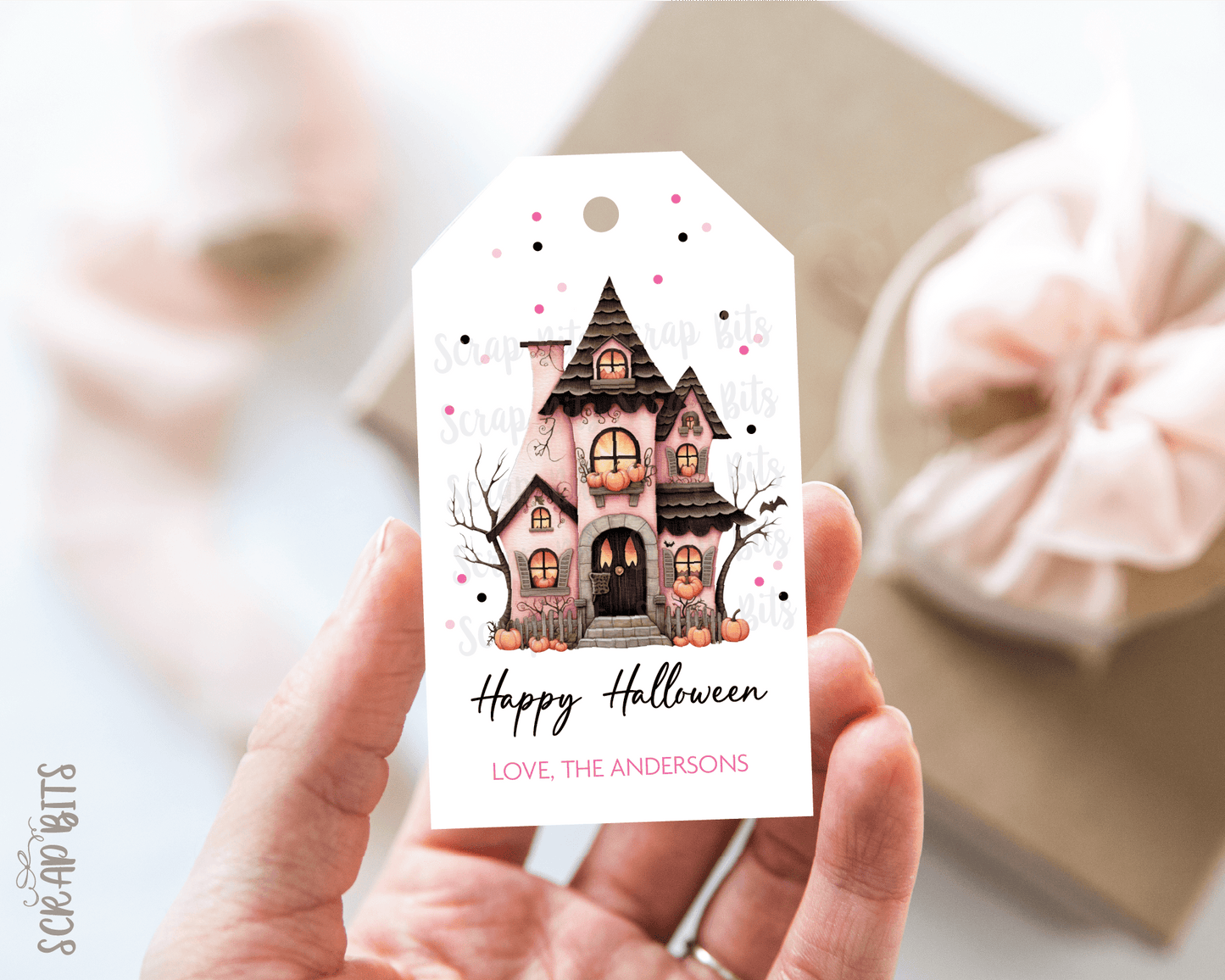 Pink Haunted House Whimsical Halloween Treat , Pinkoween Gift Tags - Scrap Bits