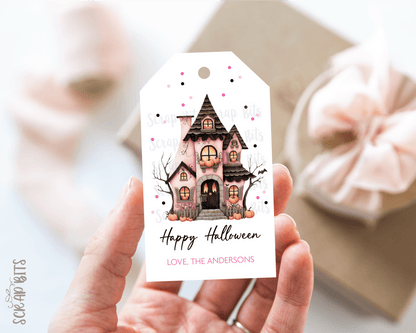 Pink Haunted House Whimsical Halloween Treat , Pinkoween Gift Tags - Scrap Bits