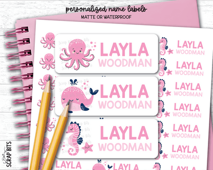 Pink Sea Animals Name Labels, Octopus, Whale, Seahorse . Personalized Belonging Labels - Scrap Bits