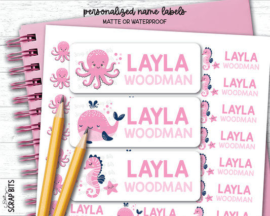 Pink Sea Animals Name Labels, Octopus, Whale, Seahorse . Personalized Belonging Labels - Scrap Bits