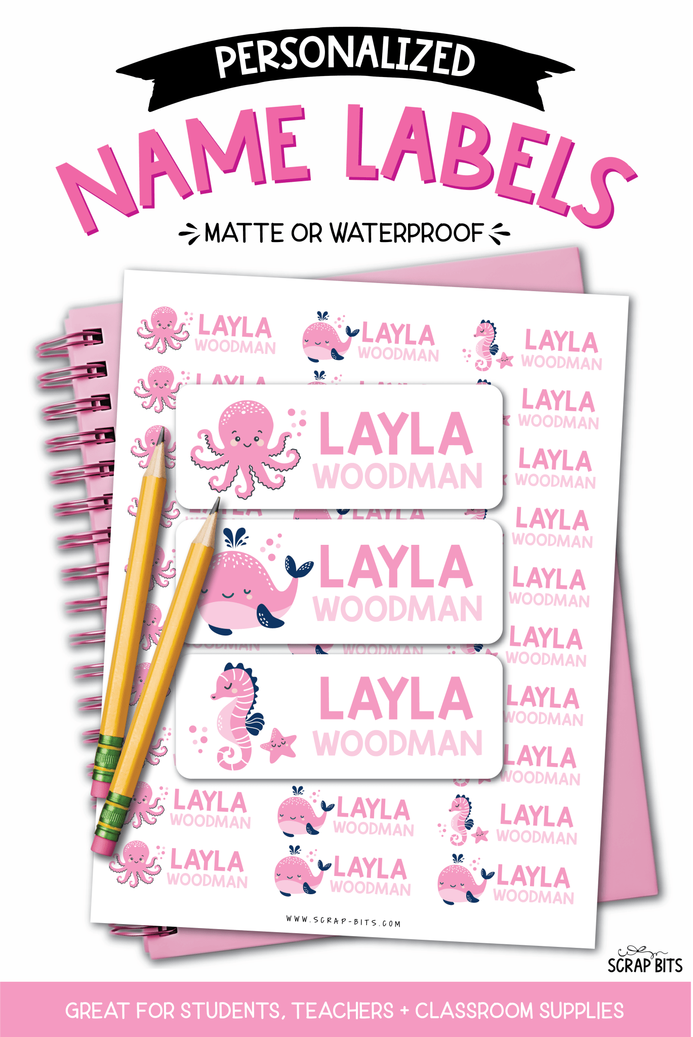Pink Sea Animals Name Labels, Octopus, Whale, Seahorse . Personalized Belonging Labels - Scrap Bits