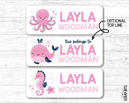 Pink Sea Animals Name Labels, Octopus, Whale, Seahorse . Personalized Belonging Labels - Scrap Bits