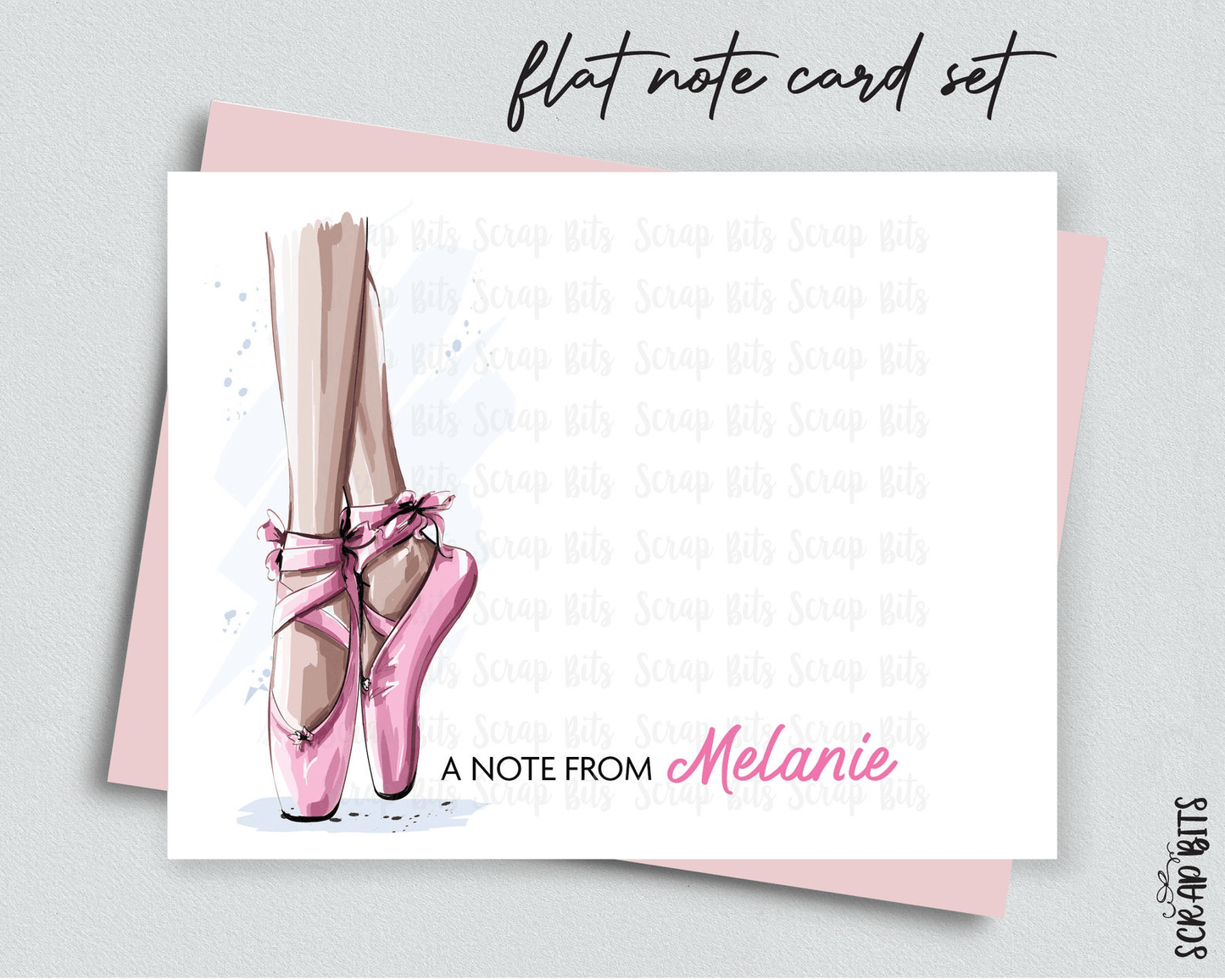 Pointe Shoes Flat Note Card Set, Personalized Ballet Stationery Set - Scrap Bits