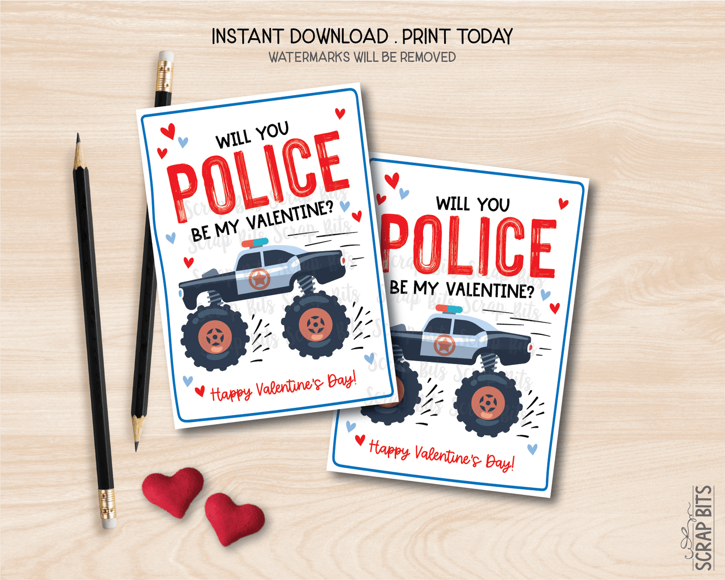 Police Valentines, Will You Police Be My Valentine, Printable Classroom Exchange Cards, Instant Download - Scrap Bits