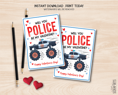 Police Valentines, Will You Police Be My Valentine, Printable Classroom Exchange Cards, Instant Download - Scrap Bits