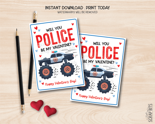 Police Valentines, Will You Police Be My Valentine, Printable Classroom Exchange Cards, Instant Download - Scrap Bits