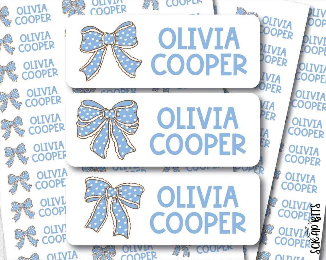Polka Dot Coquette Blue Bows Name Labels . Personalized Belonging Labels - Scrap Bits