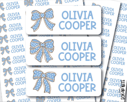 Polka Dot Coquette Blue Bows Name Labels . Personalized Belonging Labels - Scrap Bits