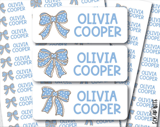 Polka Dot Coquette Blue Bows Name Labels . Personalized Belonging Labels - Scrap Bits