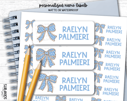 Polka Dot Coquette Blue Bows Name Labels . Personalized Belonging Labels - Scrap Bits